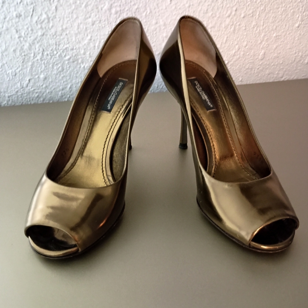 Dolce & Gabbana gold metallic open toe heels